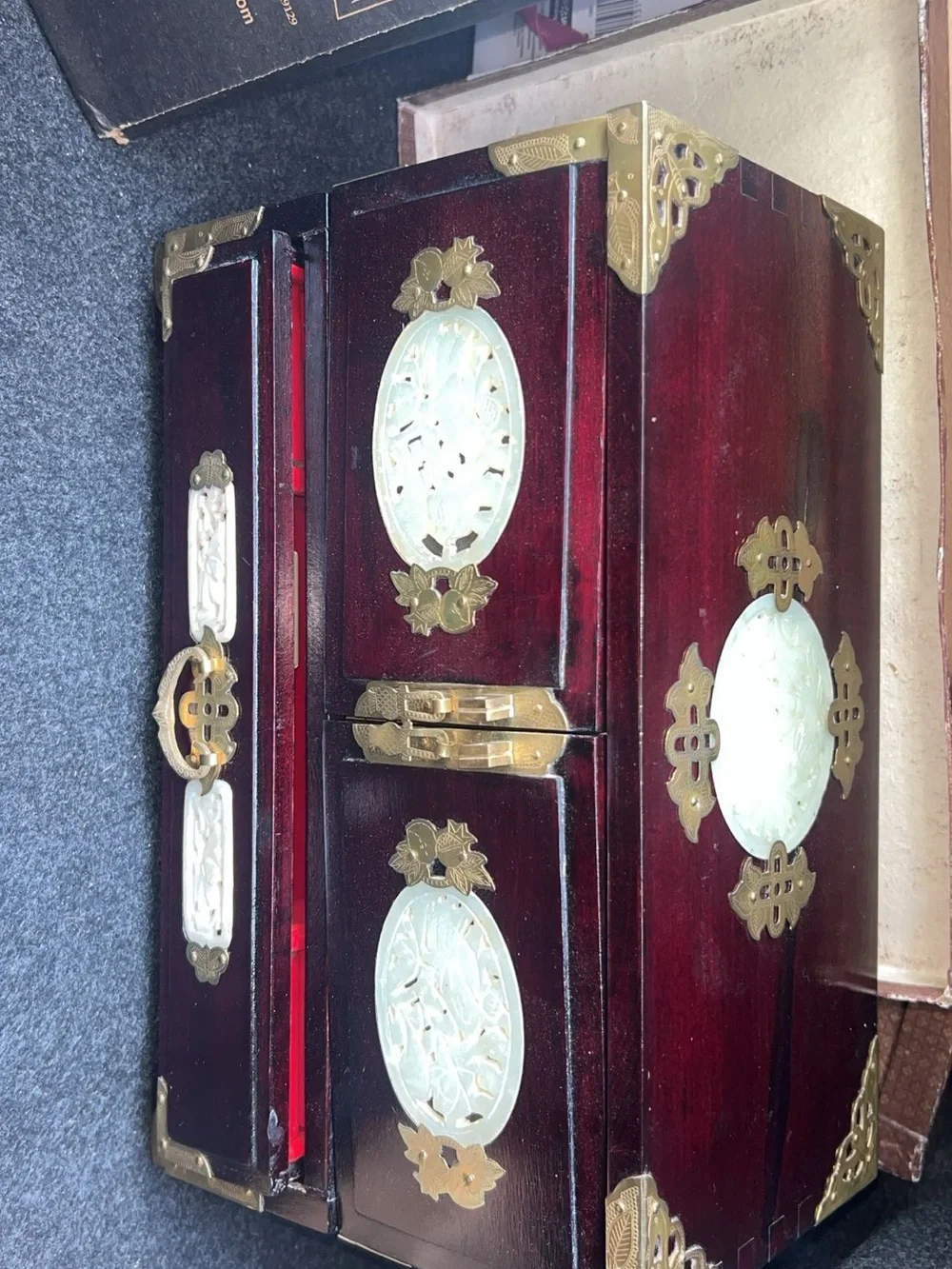 Carved Jade Inlay Jewelry Box - Deep Mahogany Red with Brass Accents